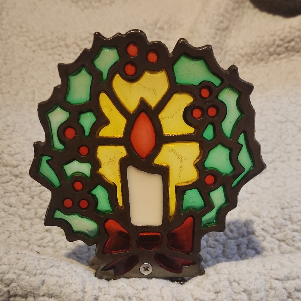 Vintage, Christmas, Holiday, Wreath, Stained Glass Tealight Candle Holder